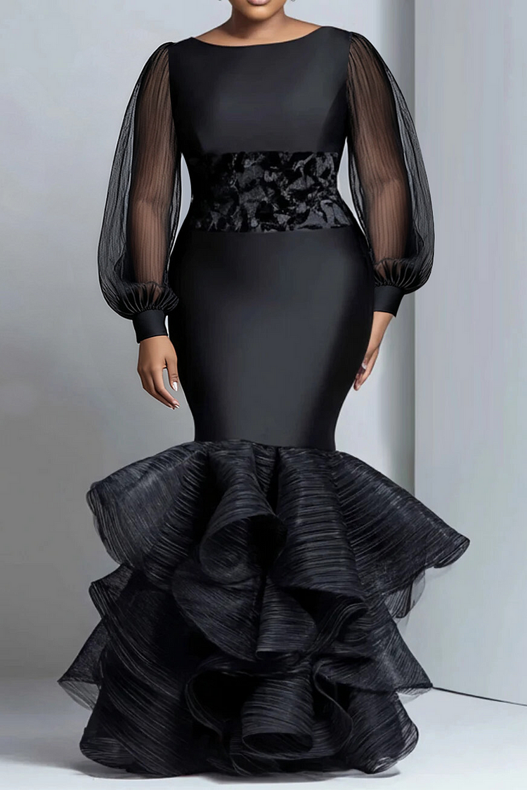 Formal Organza Black Round Neck Lantern Sleeve Long Sleeve Mermaid Elegant Maxi Dress