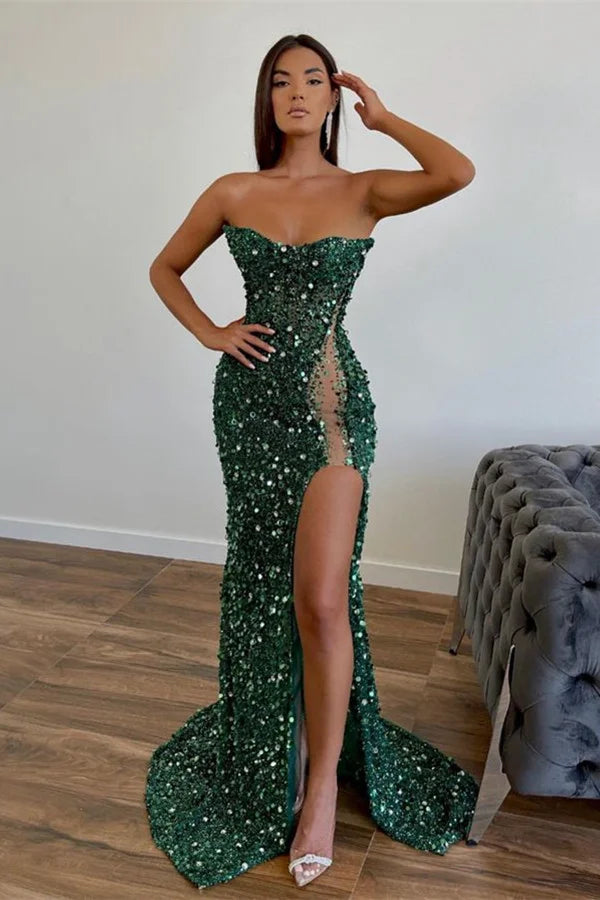 Dark Green Evening Dress with Sequins Sleeveless Slit Strapless