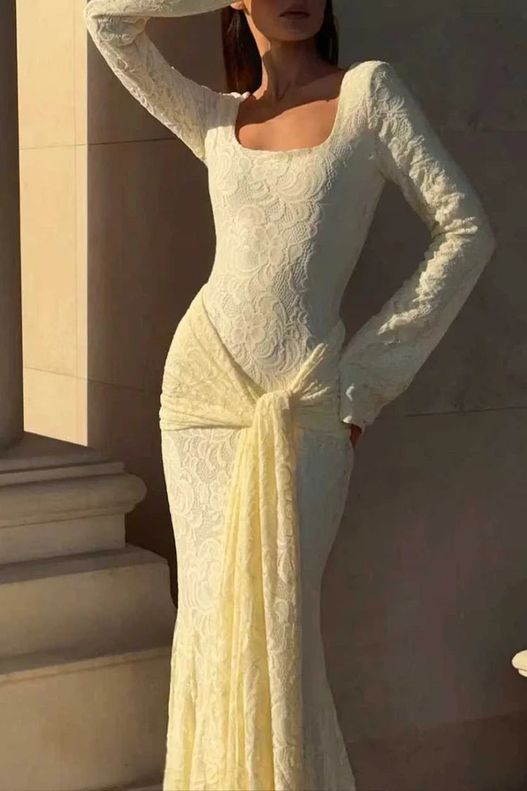 Jacquard Square Neck Backless Streamer Lace Party Maxi Dress