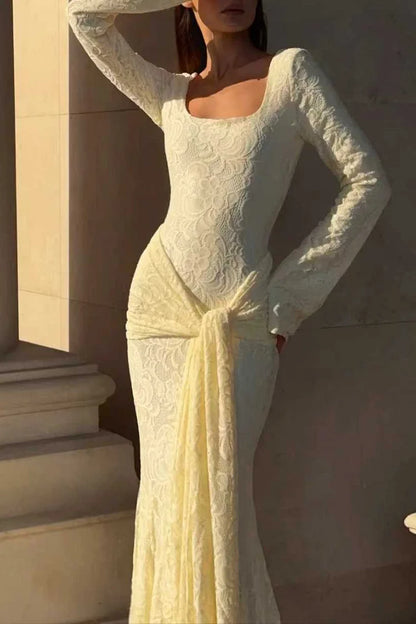 Jacquard Square Neck Backless Streamer Lace Party Maxi Dress