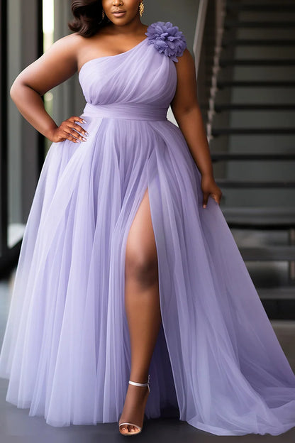 Purple Elegant Oblique Collar 3D Split Tulle Maxi Dresses