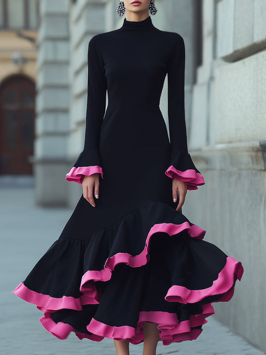 Chic Black Ruffled Gown With Fuchsia Trim