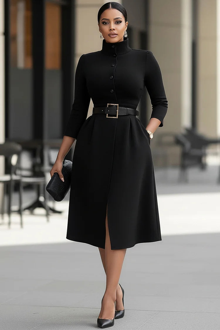 Casual Black Mock Neck 3/4 Sleeve Button Elegant Pocket Midi Dress