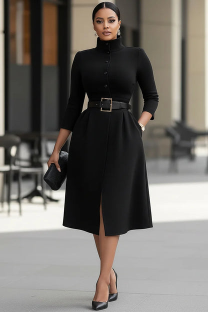 Casual Black Mock Neck 3/4 Sleeve Button Elegant Pocket Midi Dress