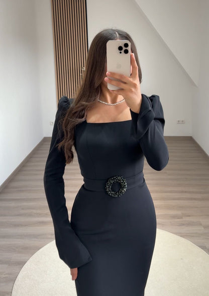 Black Long Sleeves Square Evening Dress