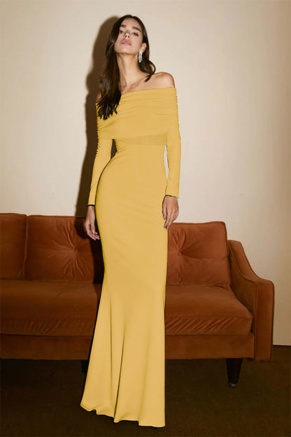 Strapless Long Sleeves Long Pleated Mermaid Prom Dress