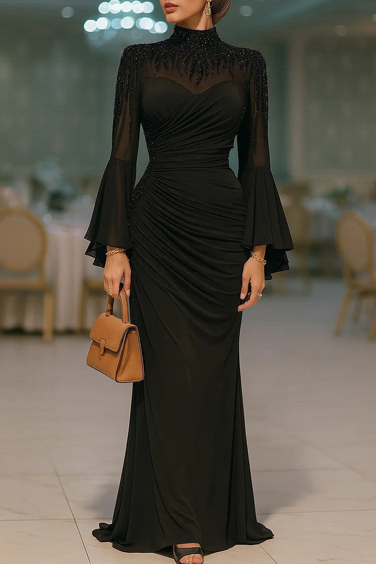 Sequin Embroidery Flare Sleeve Ruched Party Maxi Dress