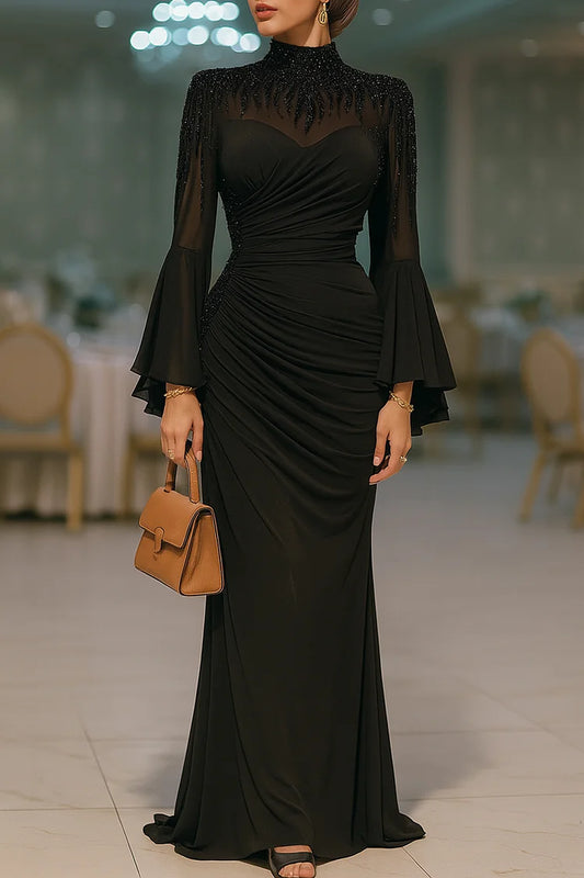 Sequin Embroidery Flare Sleeve Ruched Party Maxi Dress