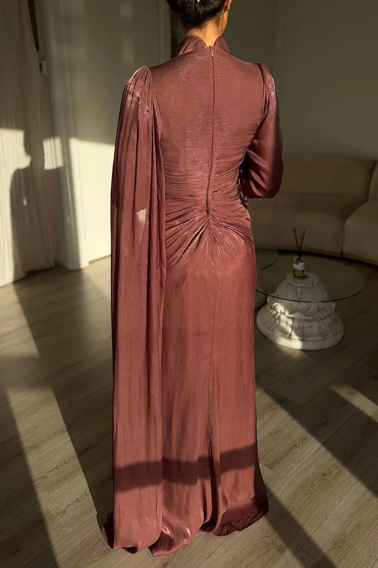 Rosette Ruched Cape Sleeve Sash Mock Neck Party Maxi Dress