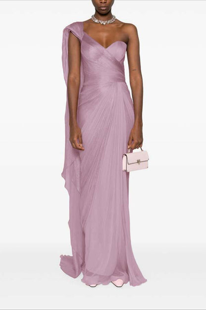 Asymmetric Neck One Shoulder Sleeveless Long Pleated Mermaid Prom Dress With Ruffles