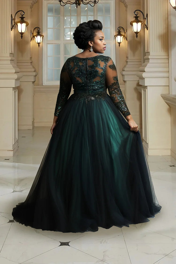 Evening Gowns Green Long Sleeve Tulle Maxi Dresses