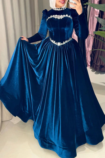 Rhinestone Corset Cinch Waist Mock Neck Party Maxi Dress