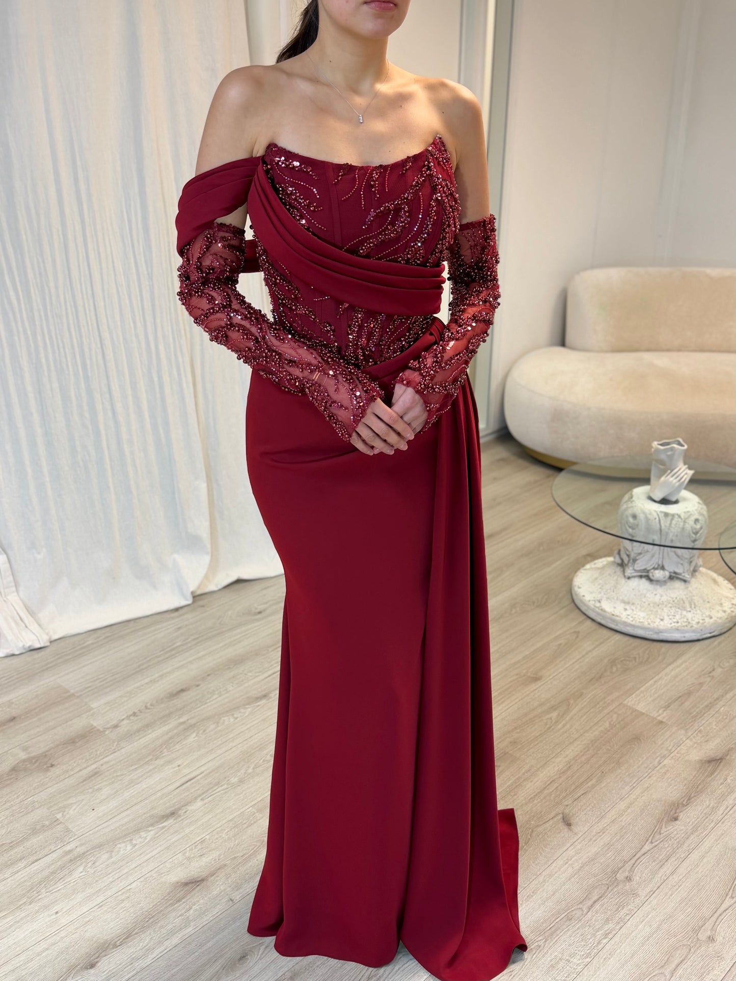 Burgundy Long SleevesOff-Shoulder Ruched Evening Dress