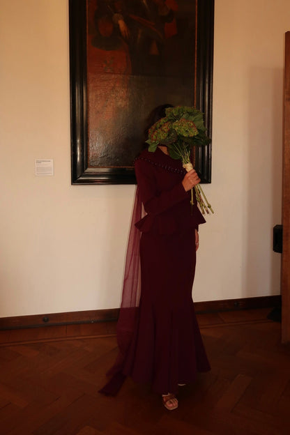 A-Line Suit Plum Satin Evening Dress