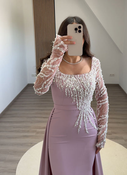 Long Sleeves Scoop Sequins Empire-Waist Prom Dress