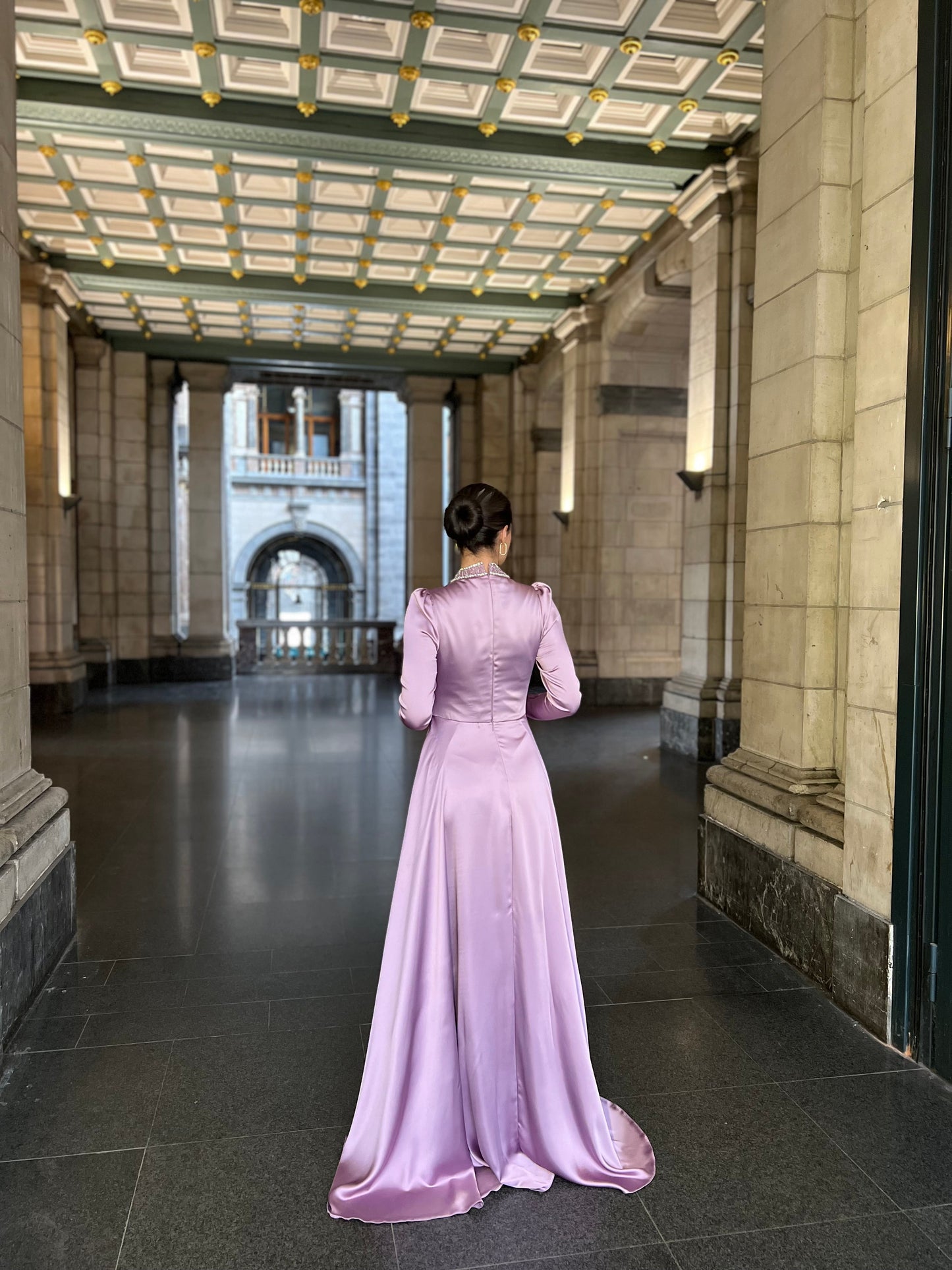 Violet Beaded Neckline Long Sleeves Ruched A-Line Evening Gown