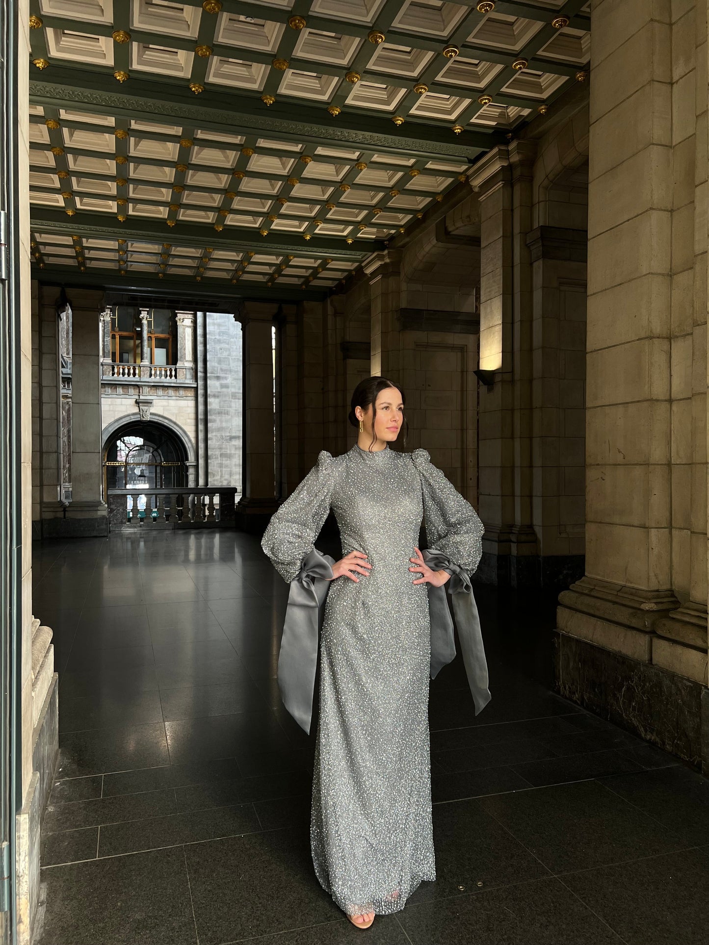 Grey Column Long Sleeves High Neck Bowknot Stunning Evening Gown