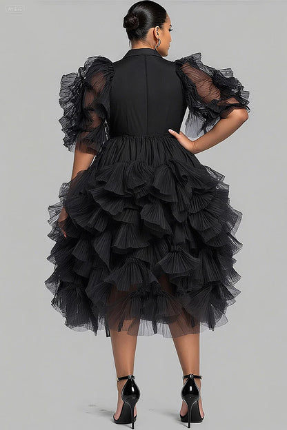 Cocktail Party Black V Neck Puff Sleeve Short Sleeve Tiered Elegant Ruffle Tulle Midi Dresses