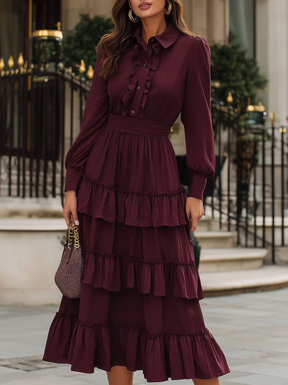 Burgundy Ruffled Shirt Midi Dress For Romantic Elegance