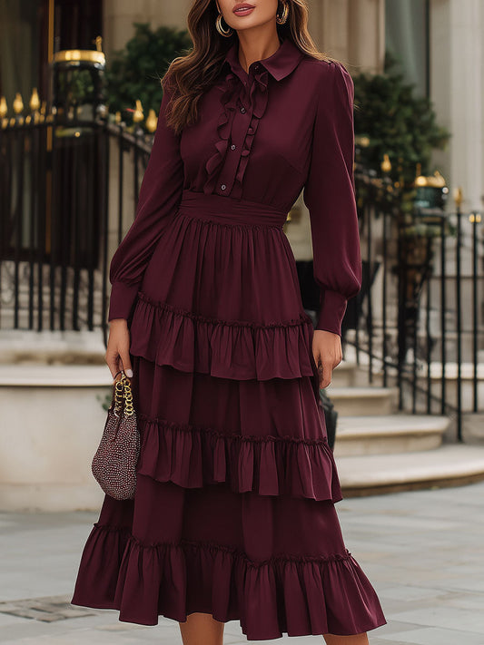 Burgundy Ruffled Shirt Midi Dress For Romantic Elegance