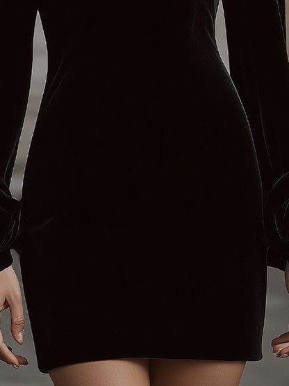 Elegant Velvet Mini Dress With Embellished Neckline And Floral Cuff Detail