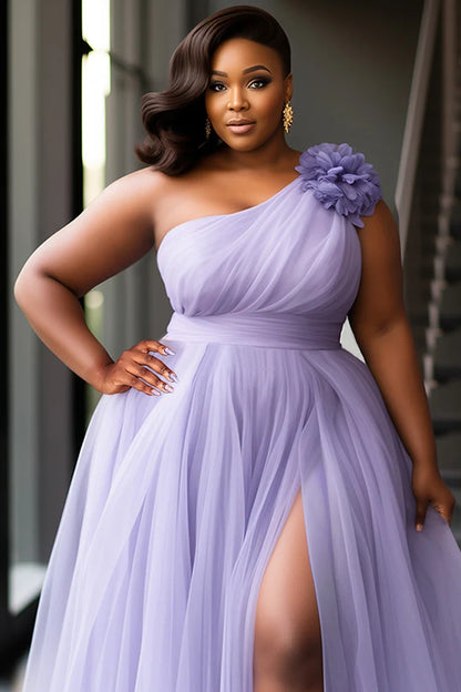 Purple Elegant Oblique Collar 3D Split Tulle Maxi Dresses