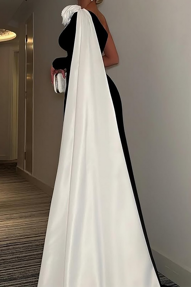 3D Flower Decor Skew Neck Colorblock Gowns Maxi Cape Dress