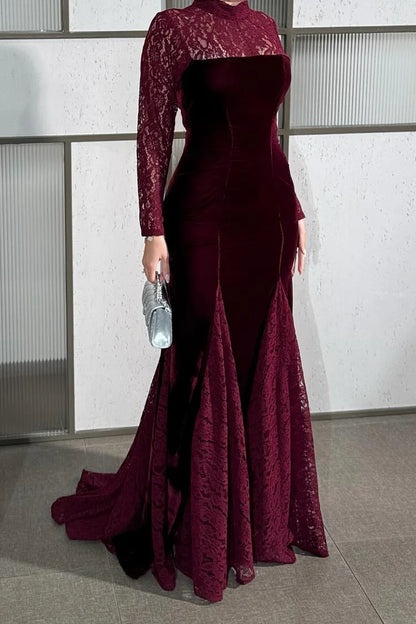 Sheer Lace Mock Neck Velvet Patch Mermaid Party Maxi Dress