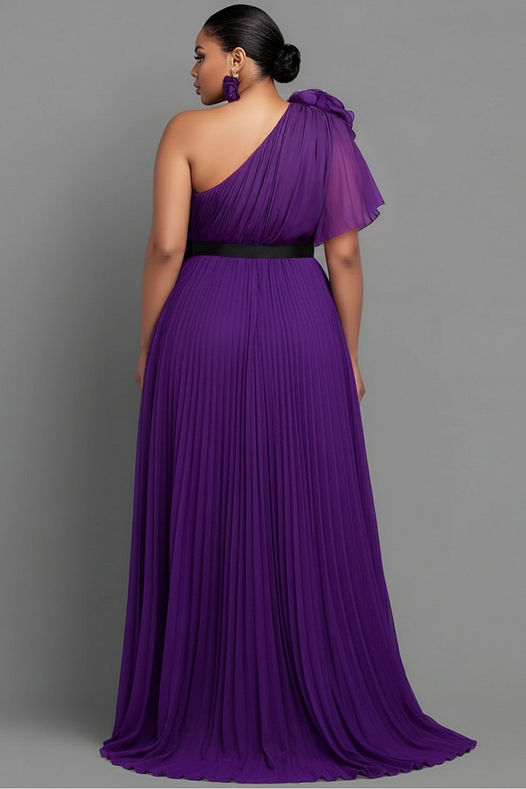 Formal Purple One Shoulder Short Sleeve 3D Elegant Split Chiffon Maxi Dress