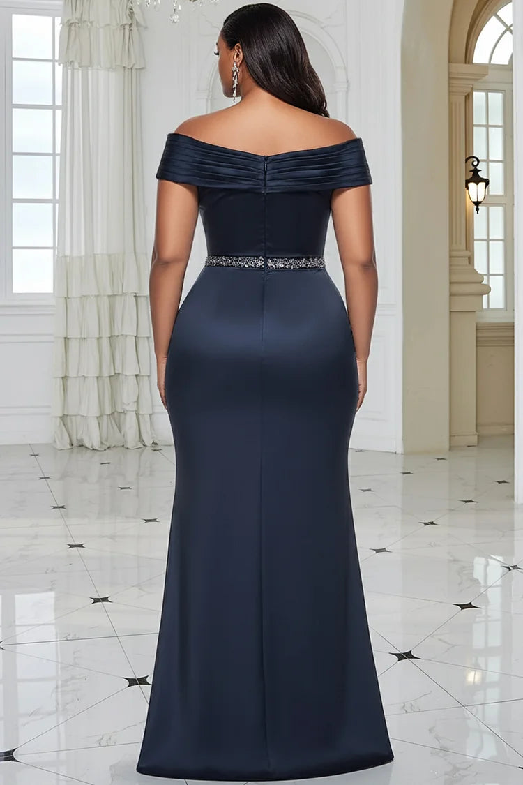 Formal Navy Blue Off The Shoulder Split Elegant 3D Satin Maxi Dress