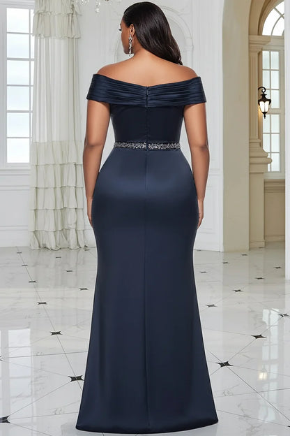 Formal Navy Blue Off The Shoulder Split Elegant 3D Satin Maxi Dress