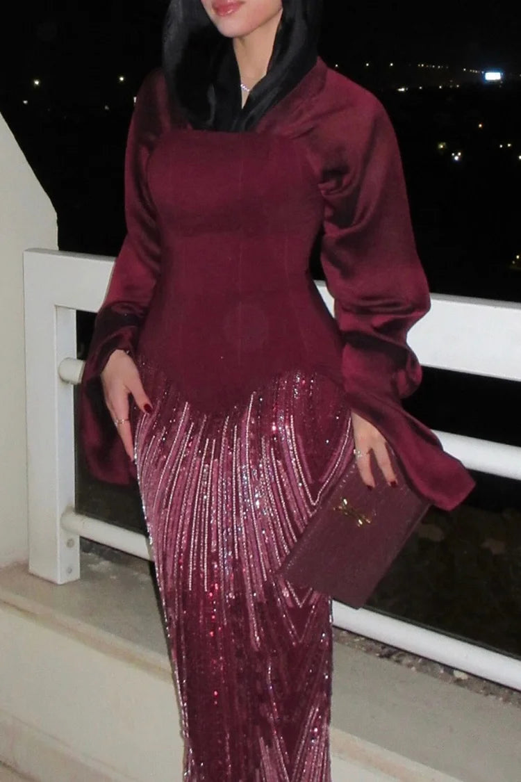 Sequin Embroidery Corset V Neck Bell Sleeve Party Maxi Dress