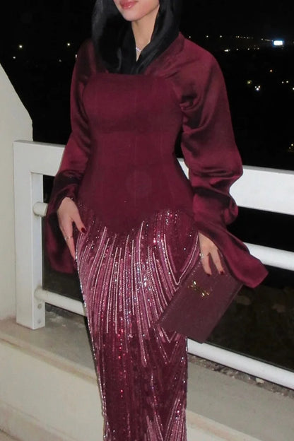 Sequin Embroidery Corset V Neck Bell Sleeve Party Maxi Dress