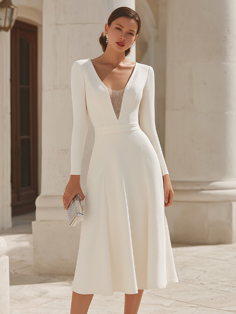 Long Sleeve Deep V Midi Dress With Sheer Panel