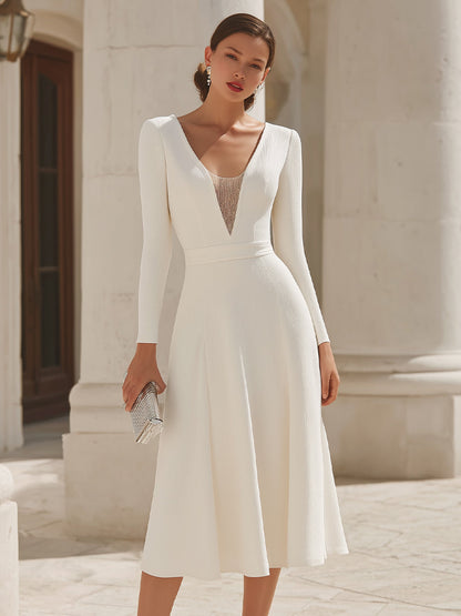 Long Sleeve Deep V Midi Dress With Sheer Panel