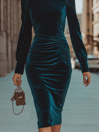 Opulent Teal Velvet Turtleneck Ruched Midi Dress