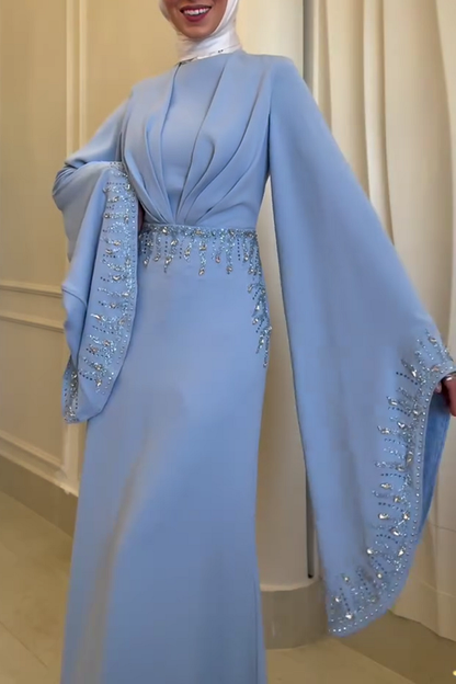 Hot Drilling Irregular Sleeve Pleated Party Maxi Dresses-Blue