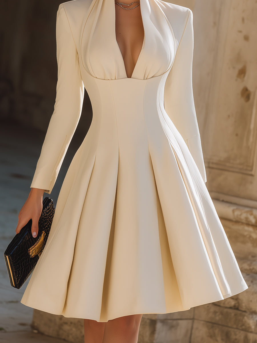 Structured Pleated Fit-and-Flare Dress With Draped Shawl Collar