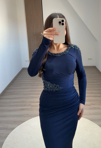 Elegant Long Sleeves Scoop Empire-Waist Pearls Satin Formal Dress