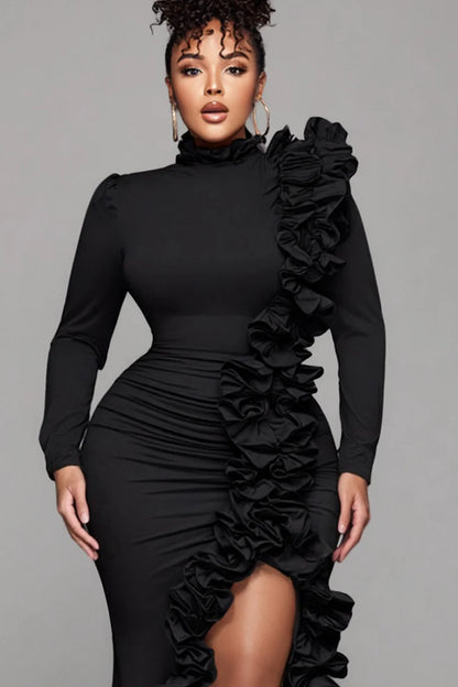Formal Black Round Neck Long Sleeve Split Elegant Ruffle 3D Satin Maxi Dresses
