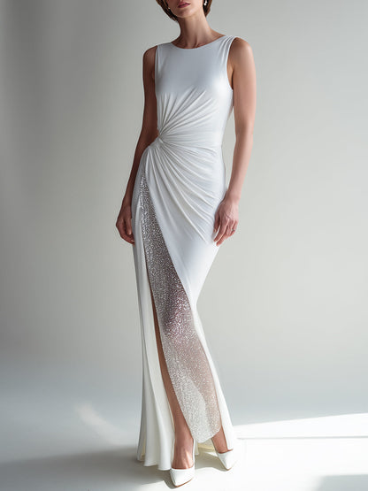 White Crystal-Embellished Ruched Side-Slit Gown