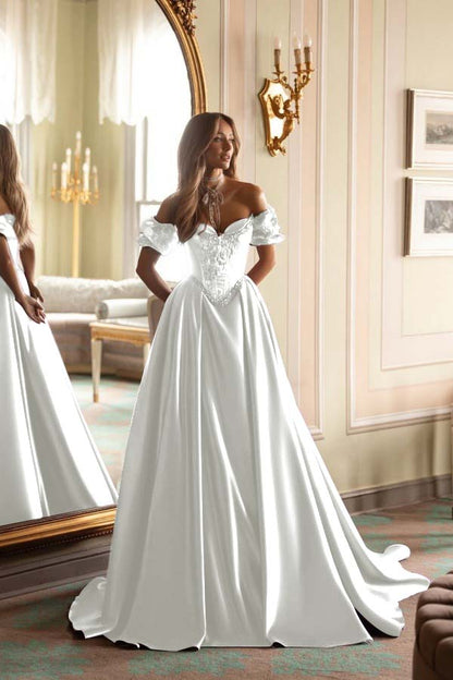 Short Sleeves Long A-Line Prom Dress With Embroidered And Pleated