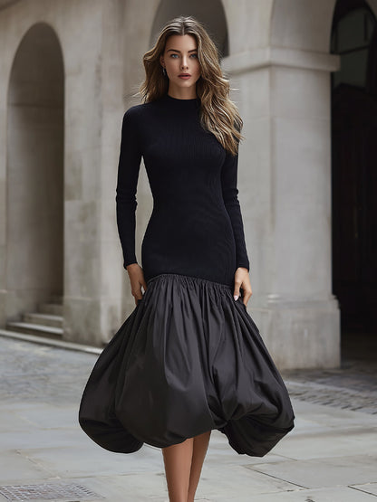 Black Knit And Taffeta Contrast Bubble Hem Dress