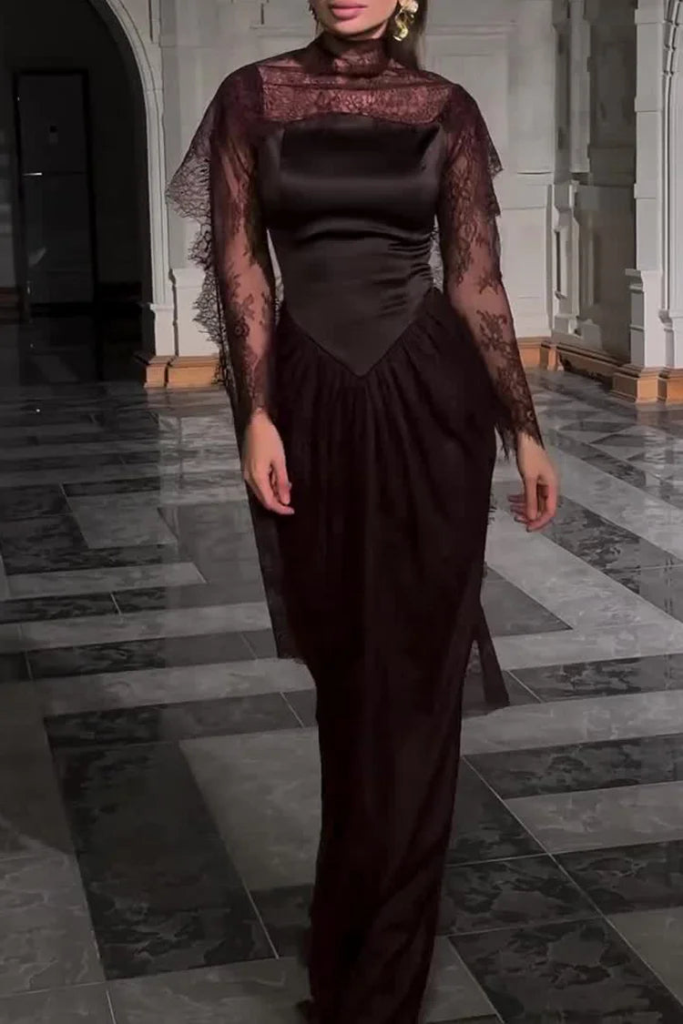 Lace Trim See Through High Neck Tied Slit Hem Maxi Dress