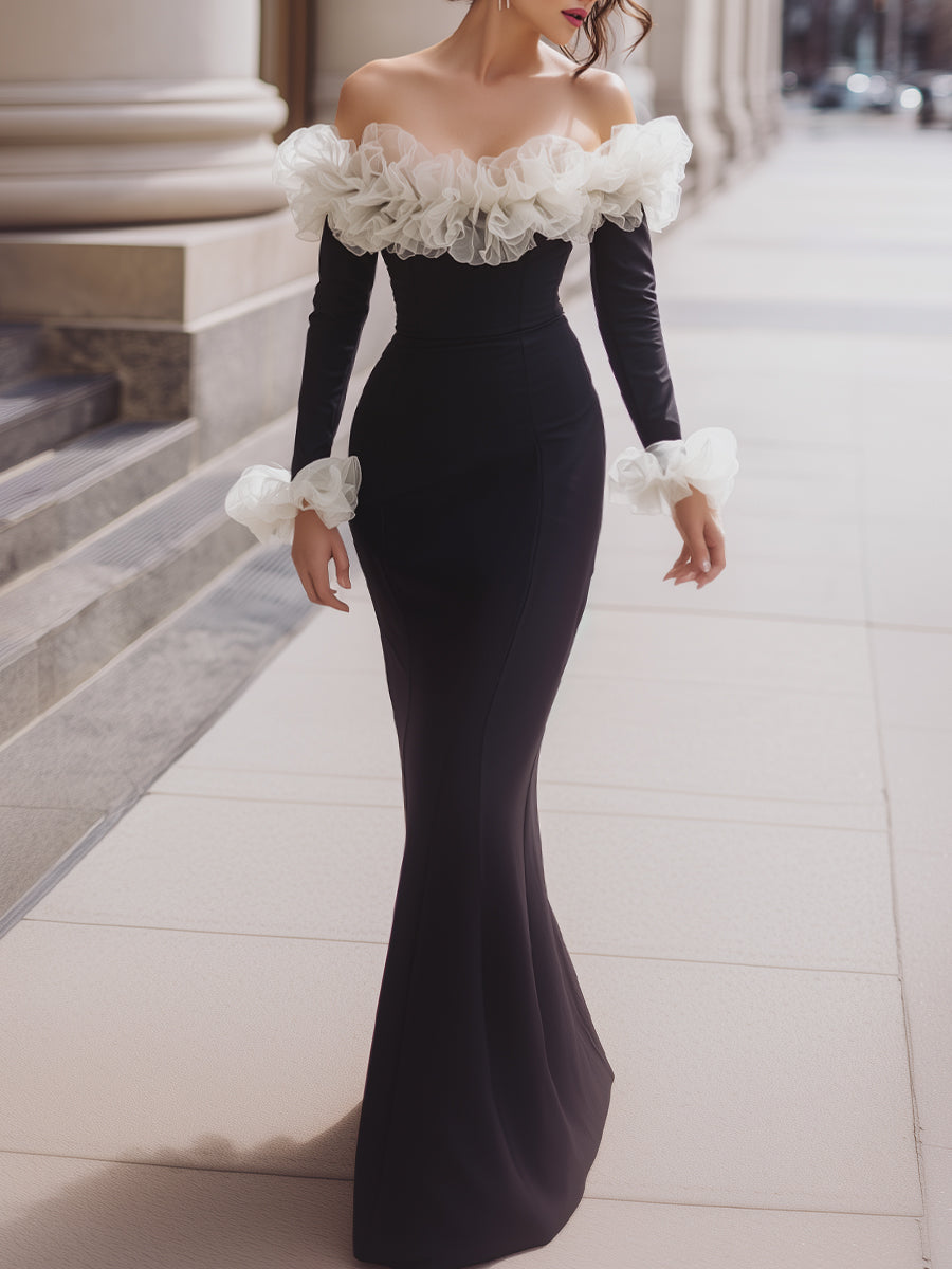Off-Shoulder Evening Gown With Organza Ruffles