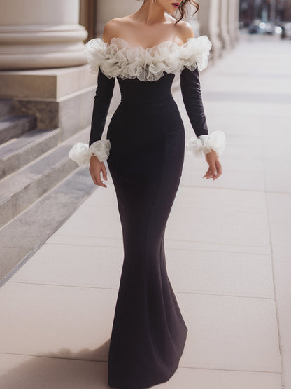 Off-Shoulder Evening Gown With Organza Ruffles
