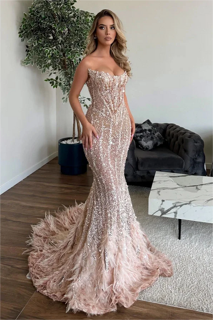 Shining Sequins Mermaid Prom Dress with Feathers