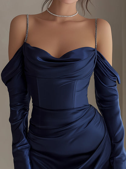 Navy Satin Off-Shoulder Draped Mini Dress With Embellished Straps