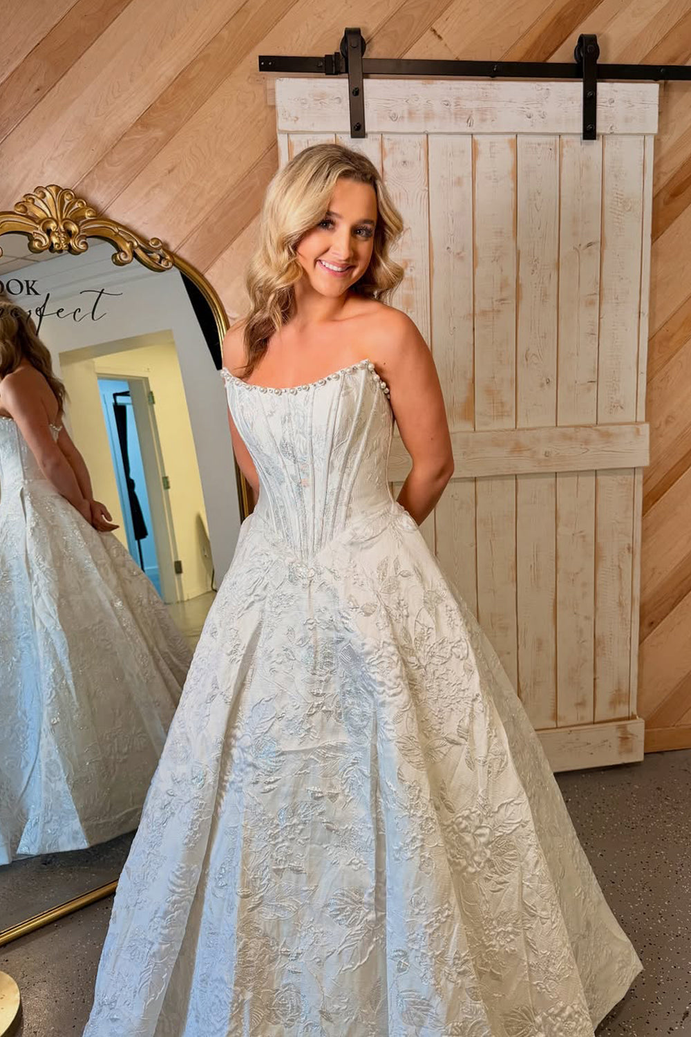 Cute A Line Scoop Neck White Jacquard Satin Long Prom Dress with Beading