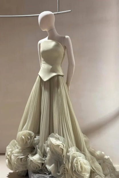 Green Pleated Long Handmade Flowers Strapless Prom Dress